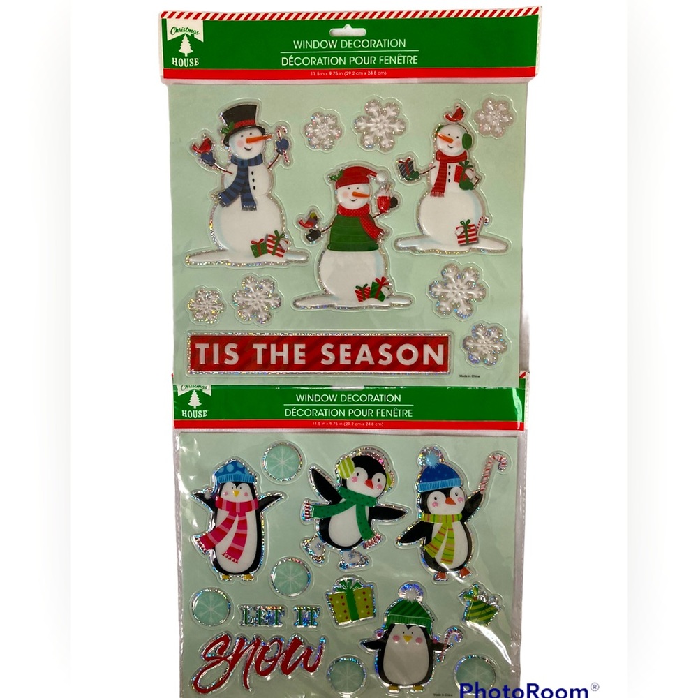 Set of 2 - Christmas House Window Decoration Stickers Snowmen & Penguins NEW